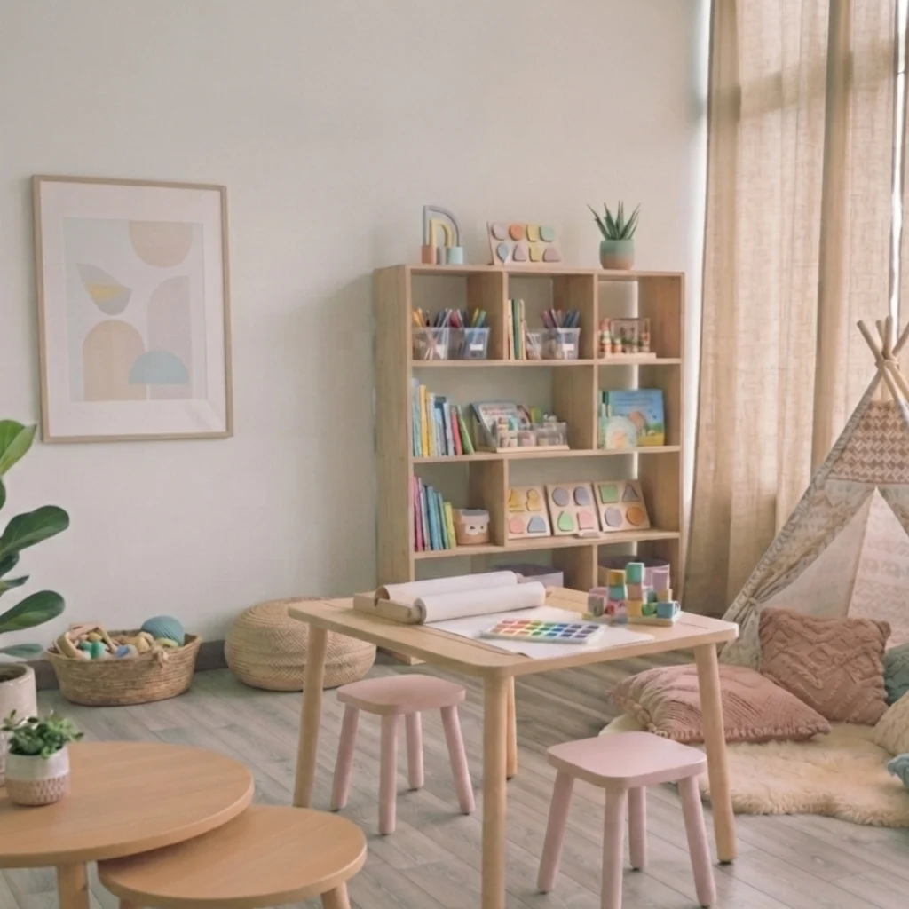 Sala de terapia infantil con mesa y taburetes bajos, estantería de cuentos y juguetes, cojines y una tienda de tela